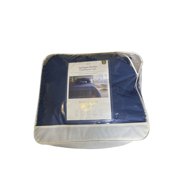 8pc Queen Applique Border Comforter Set Navy/Blue - Threshold: Embroidered, - Picture 2 of 6